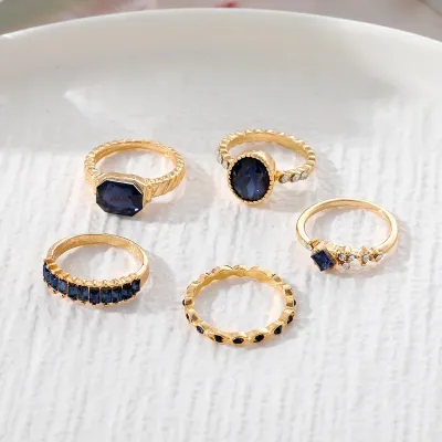 Luxury Geometric Blue Crystal Ring Set (5 pcs)
